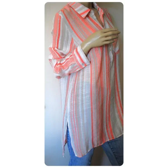 Nanette Lepore Coral Peach Striped Tunic Top Blouse Shirt Size L - Picture 2 of 4